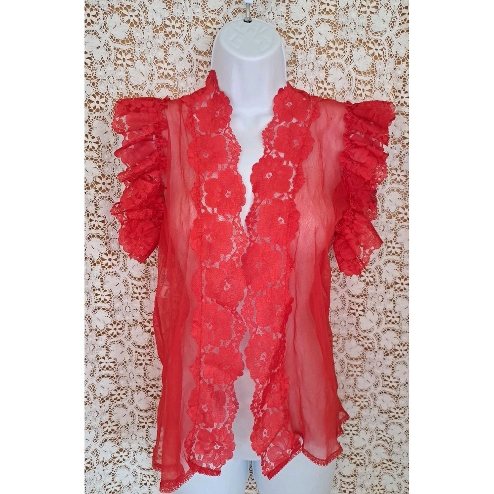 Alana Gale Sheer Cover Up M Red Lingerie Robe‎ Ruffled Lace Chiffon Sexy Vintage